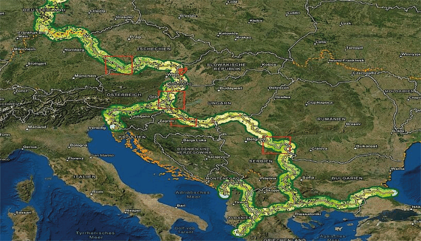 A map of south eastern Europe, including Austria, highlighting the Green Belt